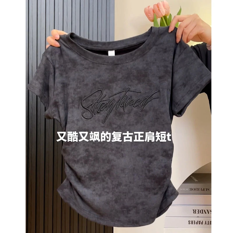 大码200斤夏季新款扎染圆领正肩掐腰显瘦短袖t恤女设计感百搭上衣