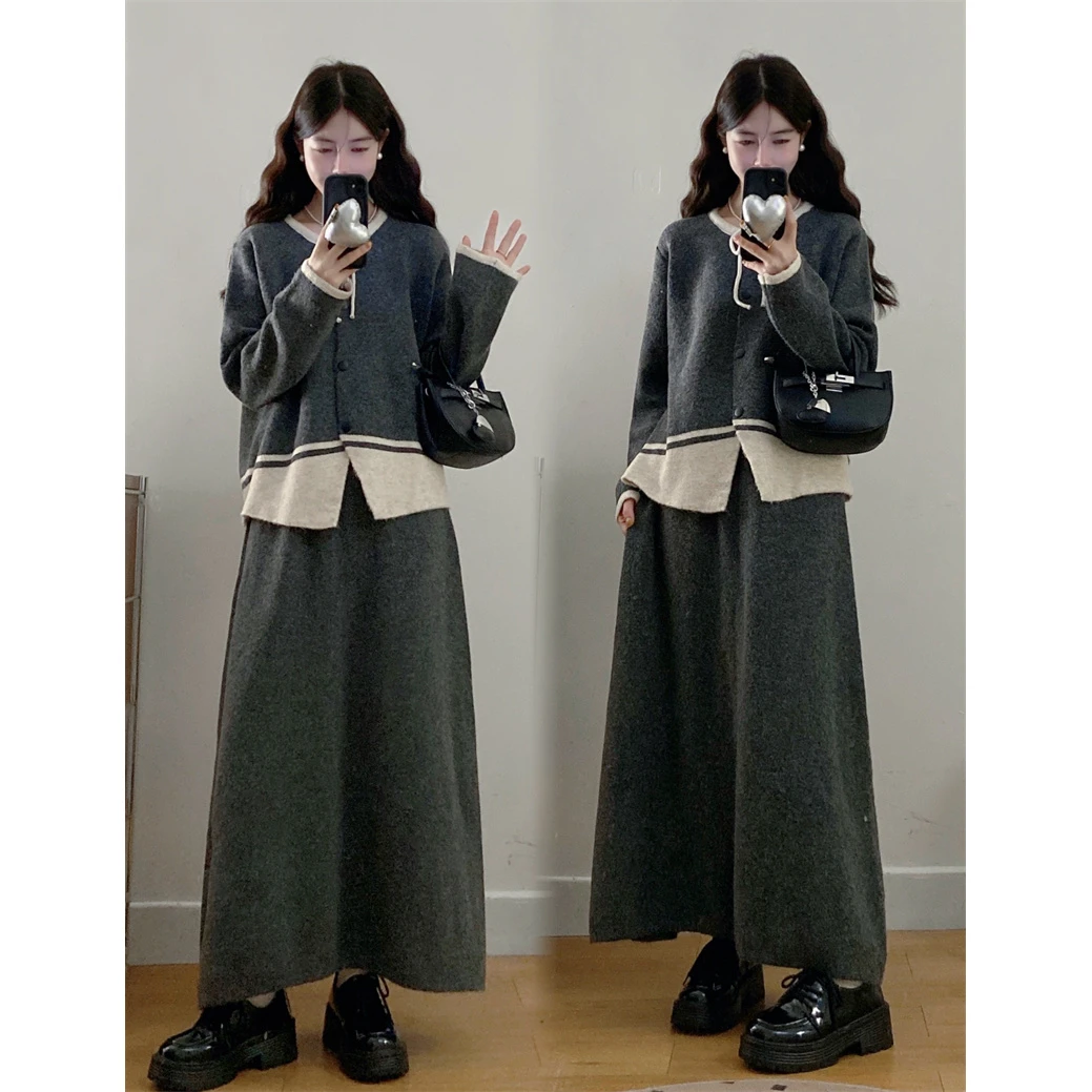 大码女装秋冬胖MM高级感系带蝴蝶结针织毛衣外套半身裙两件套套装