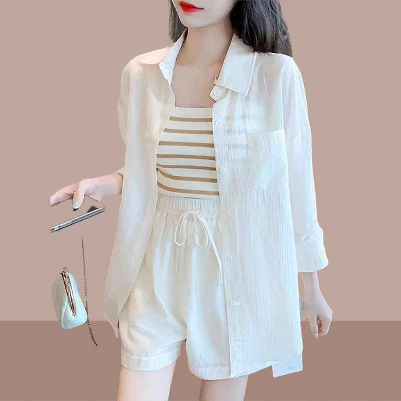 夏装搭配一整套2025新款网红炸街小个子防晒衬衫背心短裤三件套装