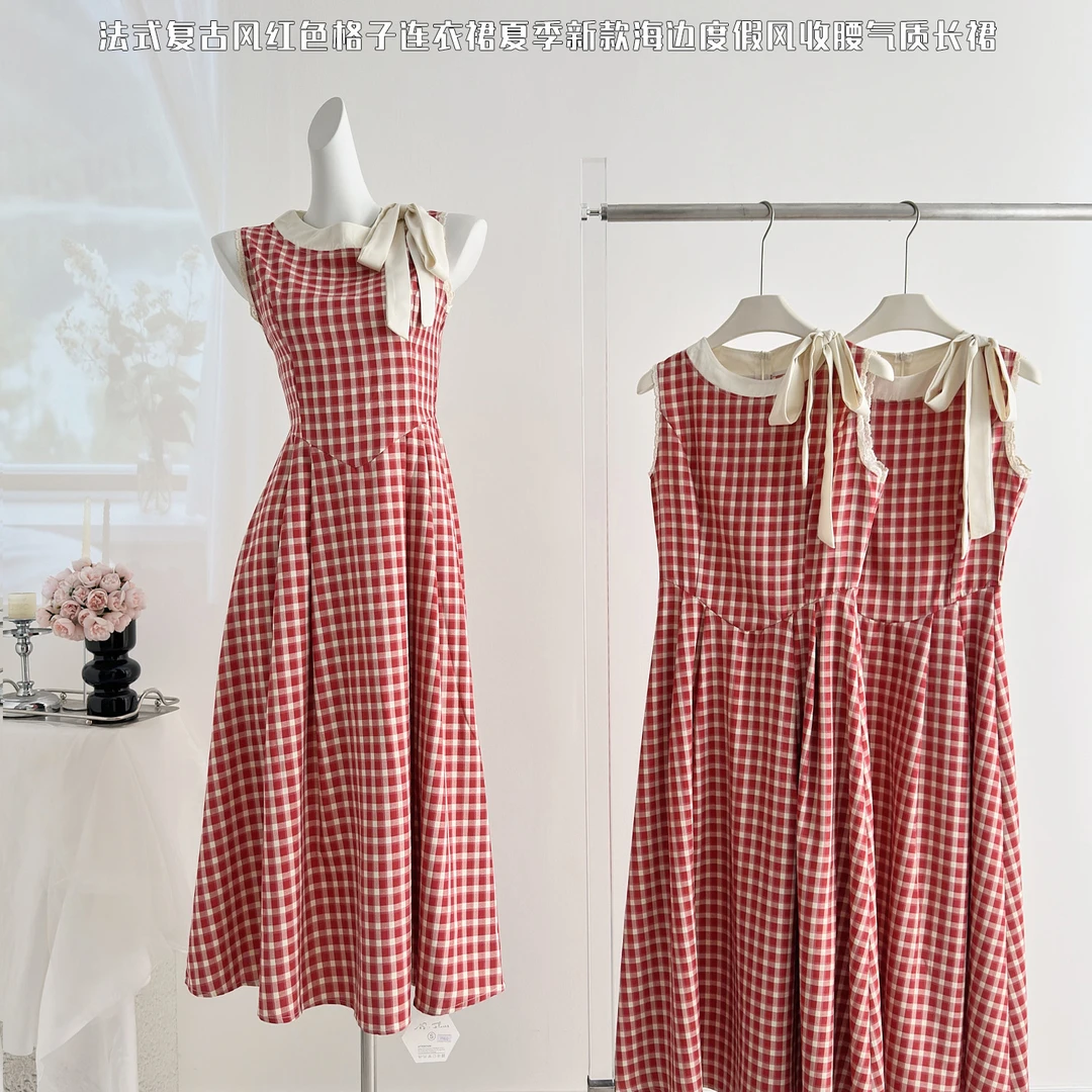 港风复古夏季红格子无袖背心连衣裙收腰显瘦大摆度假风显瘦裙子长