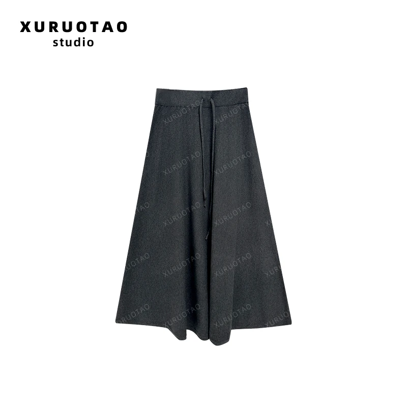 XURUOTAO 【大摆裙】高腰抽绳设计感显瘦百搭黑灰色半身裙 T5045