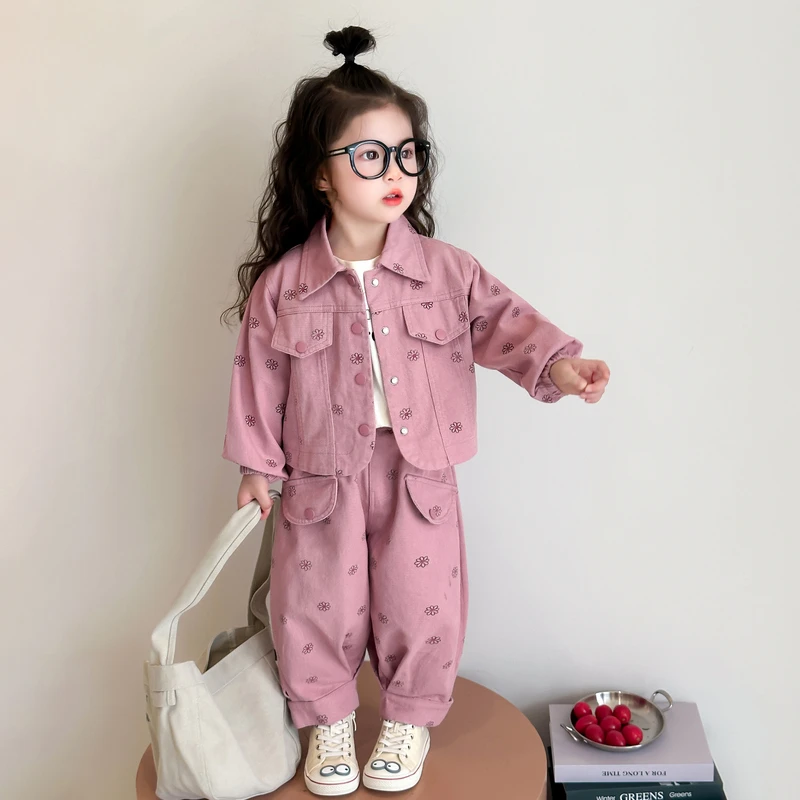 女童粉色牛仔套装2025春秋新款洋气粉色儿童秋装外套两件套小女孩