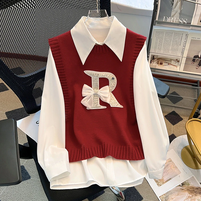 红色针织马甲衬衫两件套叠穿2025秋季新款小衫本命年学院减龄上衣