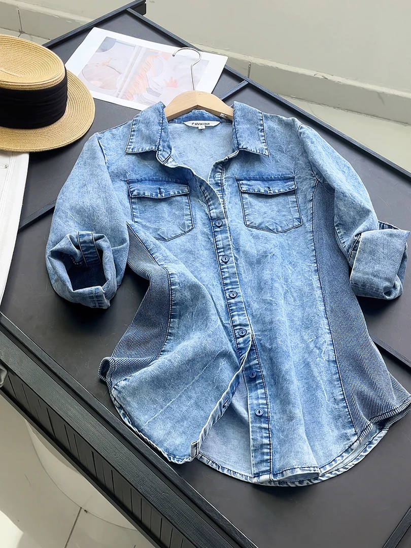 欧美风做旧水洗水墨扎染拼接修身七分袖衬衫女装休闲外穿上衣