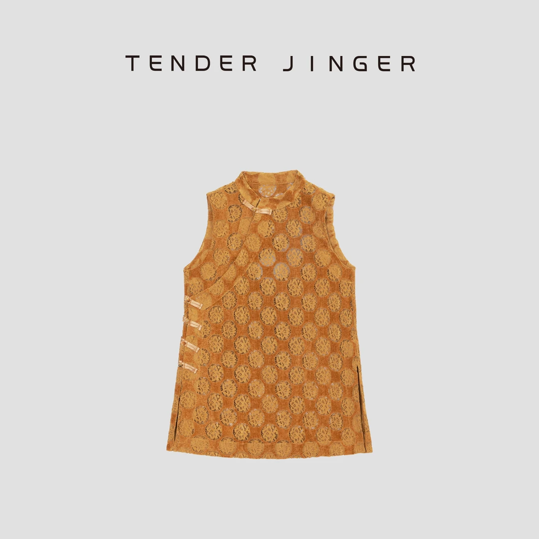 Tender Jinger国风盘扣镂空蕾丝丝绒背心上衣T53BEI41265