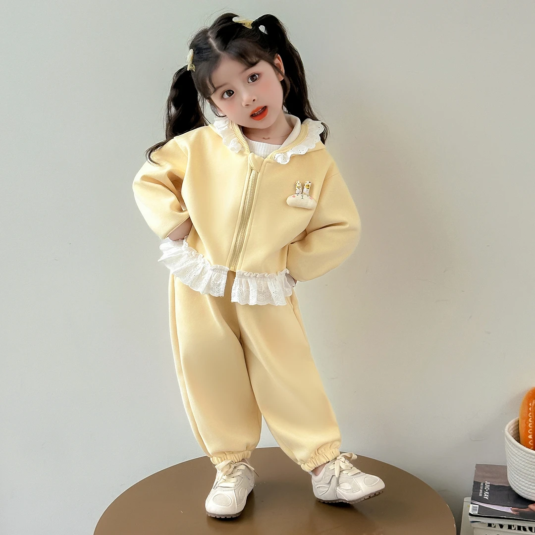 女童花边连帽卫衣套装可爱甜美2025秋季新款女宝拉链外穿休闲套