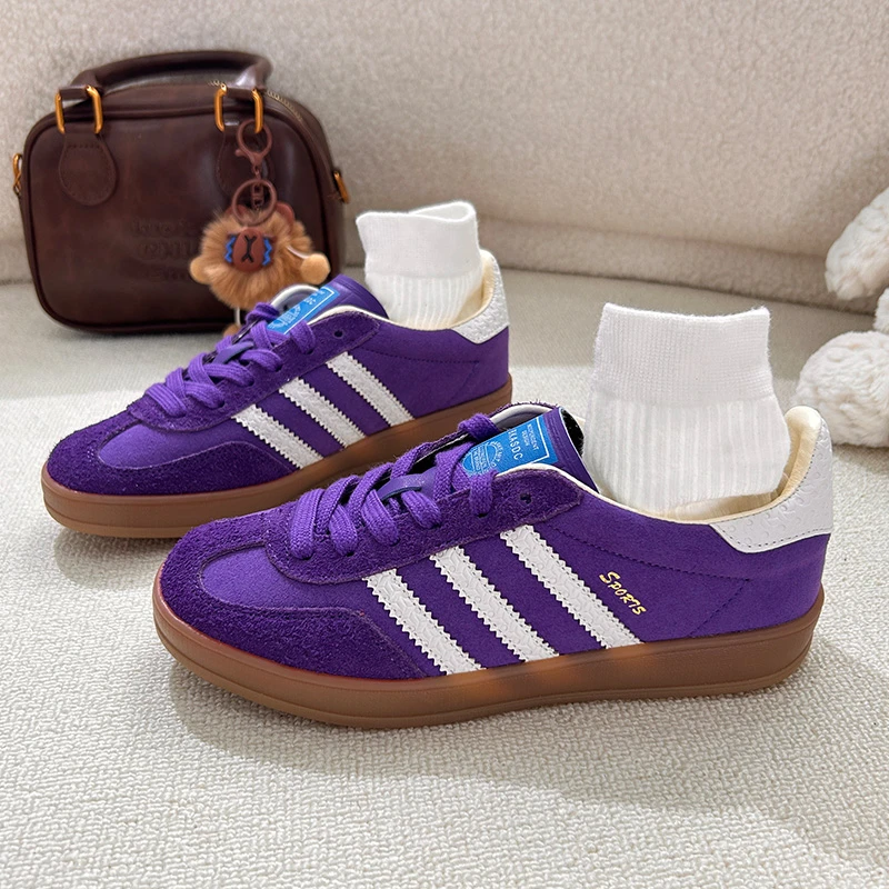 真皮~经典紫色德训鞋女2025新款百搭平底休闲板鞋运动厚底阿甘鞋