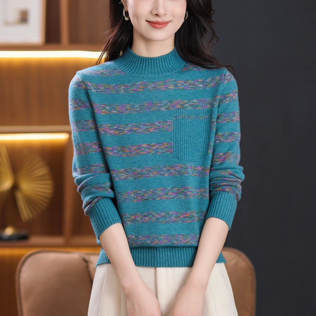 冬季新款半高领针织衫女加厚条纹打底衫百搭显瘦毛衣洋气宽松上衣