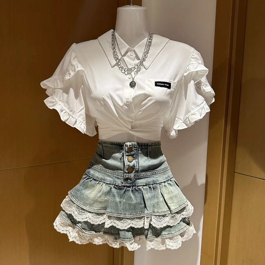 WM家辣妹白色衬衫蕾丝花边牛仔裙夏季款