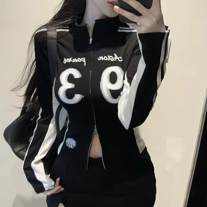 【601-700】美式复古甜酷飒立领双拉链开衫女长袖网红时尚炸街女装