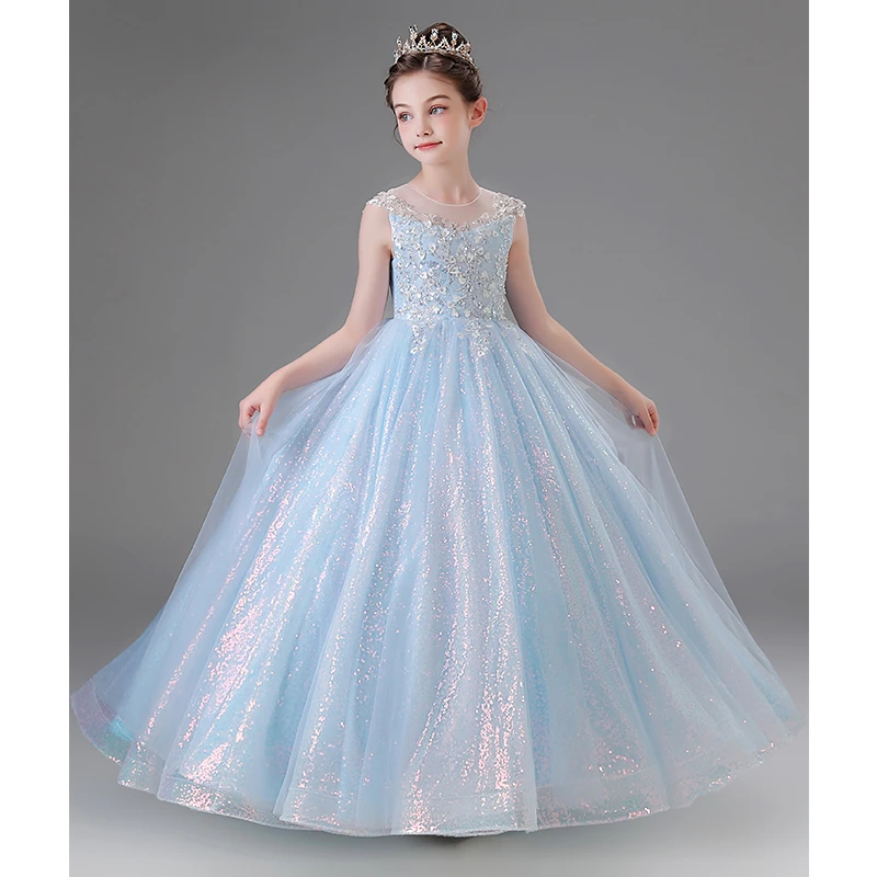 女童礼服轻奢小众高端生日洋气蓝色儿童公主裙主持人钢琴演奏演出