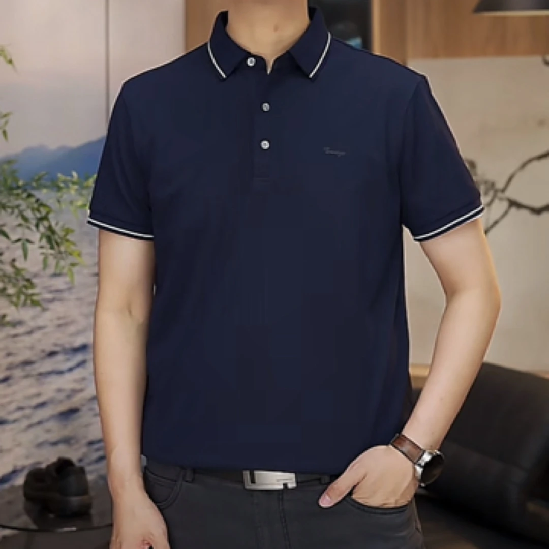 藏蓝色短袖时尚简约常规针织商务Polo衫男宽松型夏季上衣929