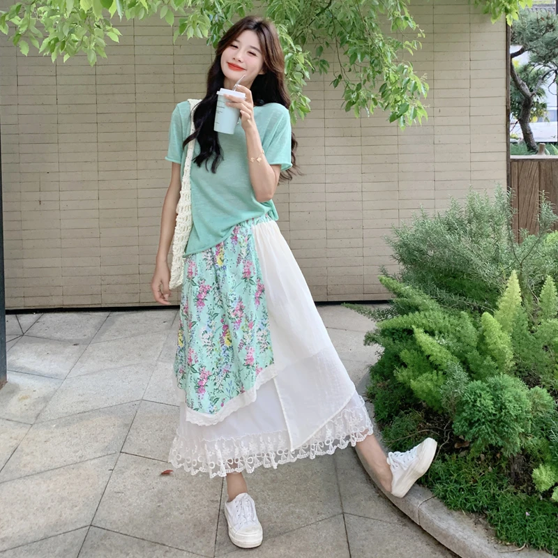 不规则碎花蕾丝拼接半身裙套装女夏季减龄休闲短袖T恤长裙两件套