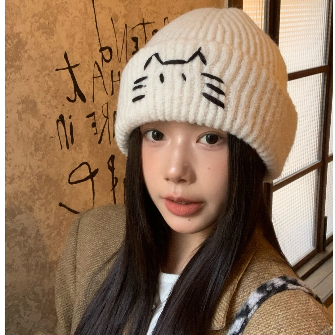 可爱小猫毛线帽子女秋冬季新款显脸小保暖护耳针织帽简约百搭冷帽