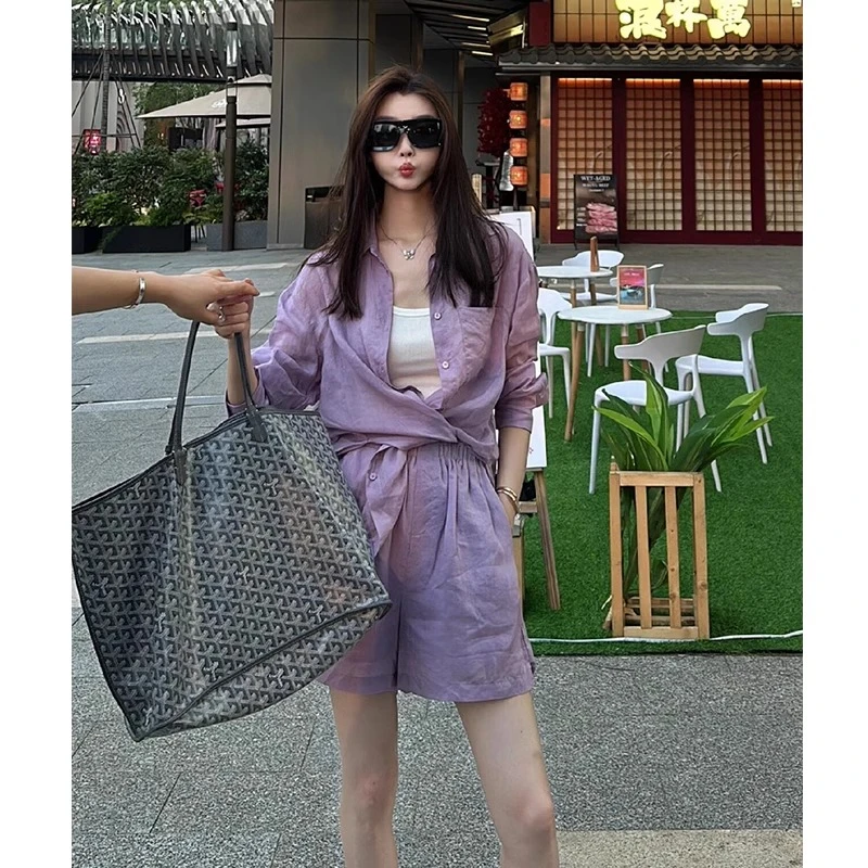 紫色衬衫棉麻套装女2025夏宽松休闲小众薄款亚麻防晒衣短裤两件套