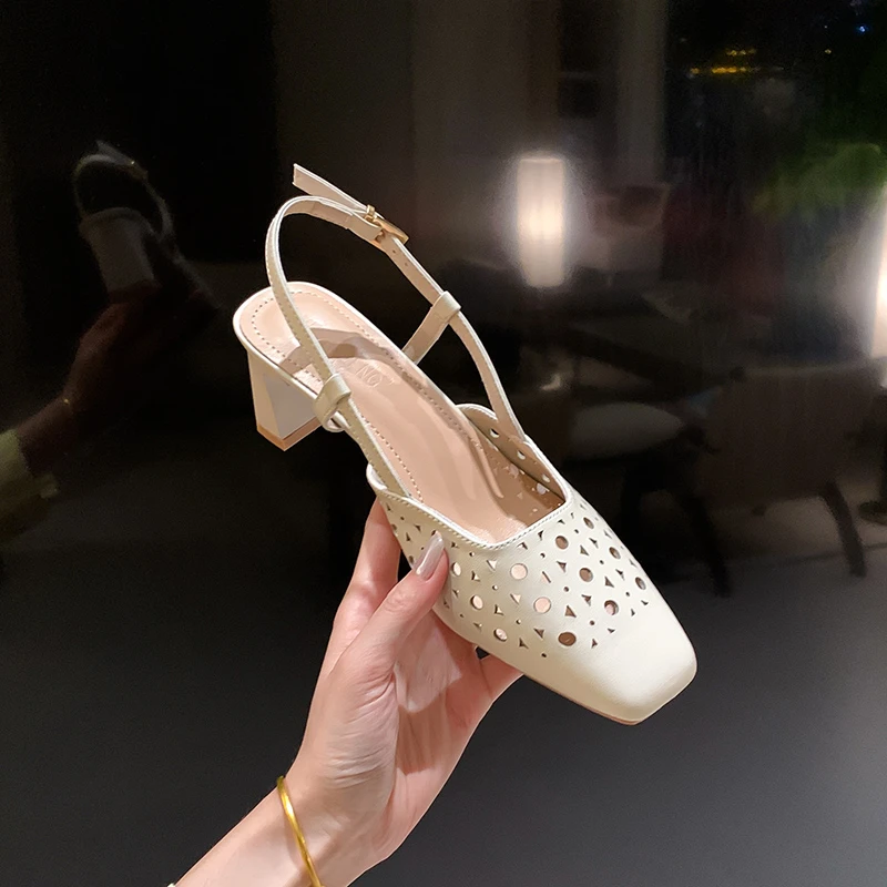2025夏季新款真皮包头凉鞋镂空透气百搭时尚高跟女鞋