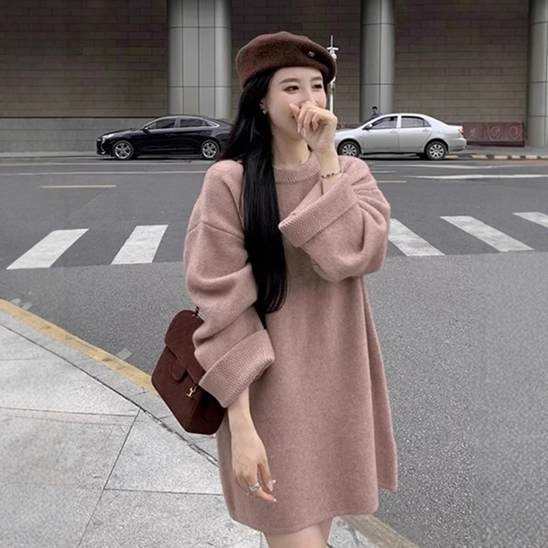 打底慵懒风粉色中长款针织衫女秋冬下装消失毛衣新款2025洋气上衣