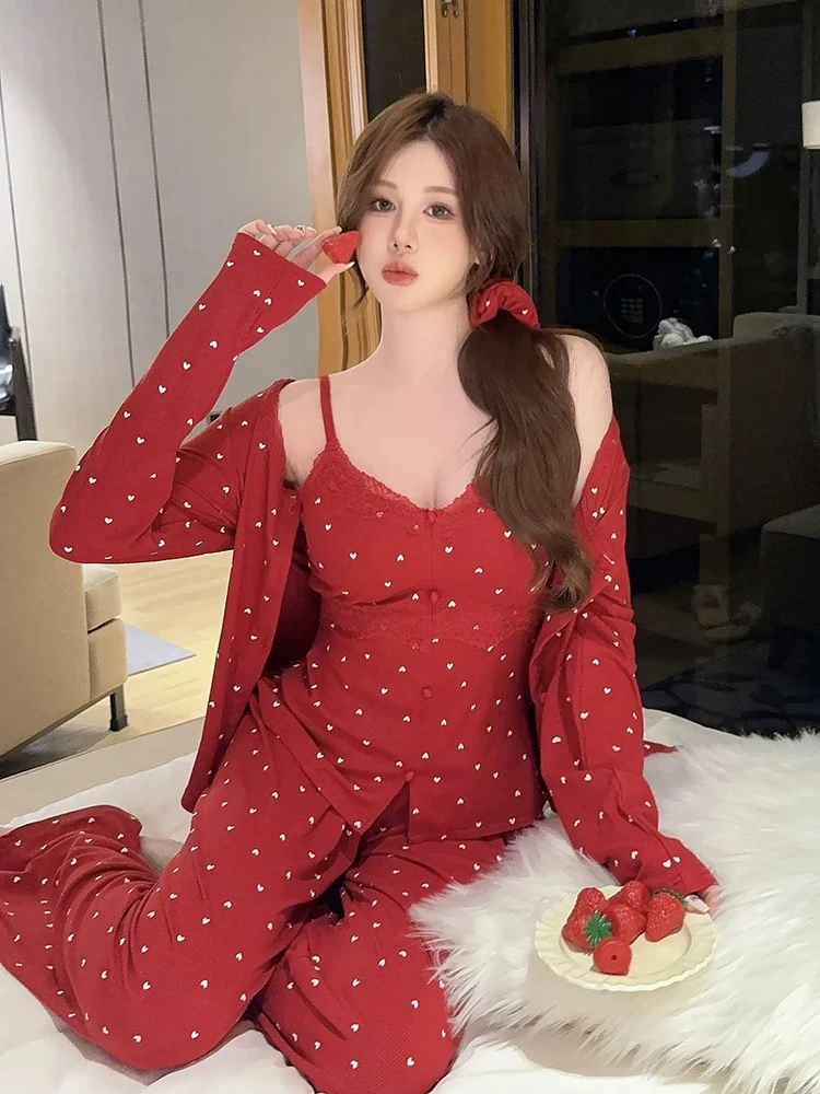 【红酒梅子】春秋纯欲气质吊带睡衣女带胸垫长袖显瘦家居服三件套装