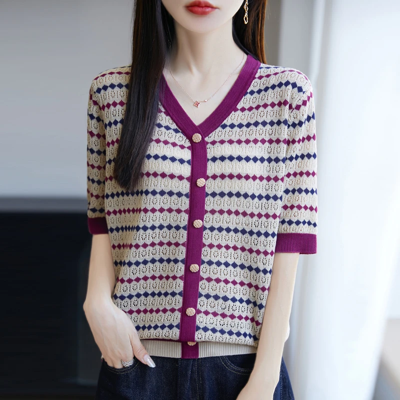 夏季女毛针织衫撞色显瘦假开衫上衣百搭v领T恤短袖宽松打底衫背心
