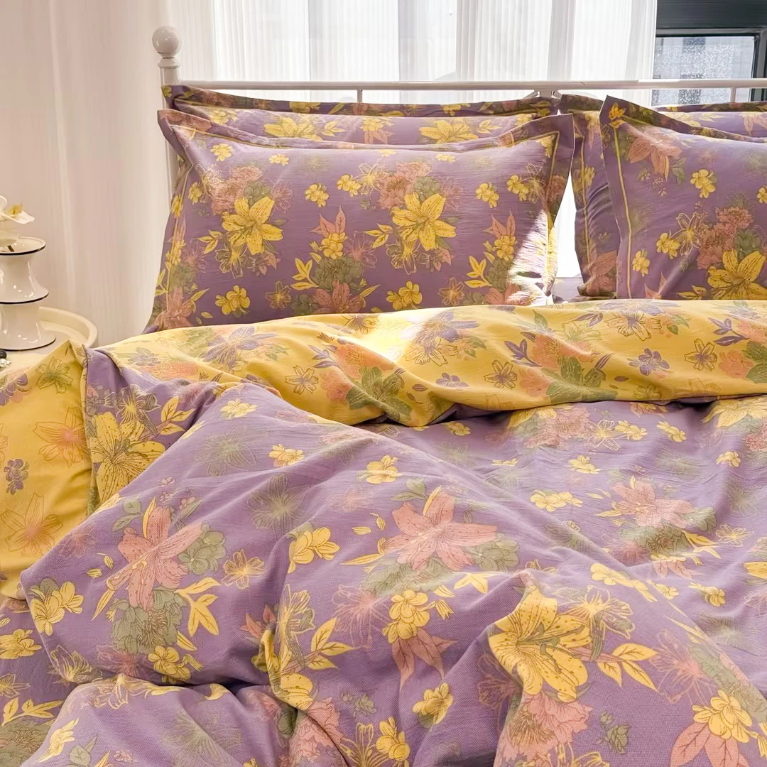 有氧木棉双层纱四件套清凉碎花透气亲肤柔软透气被套床单床上用品