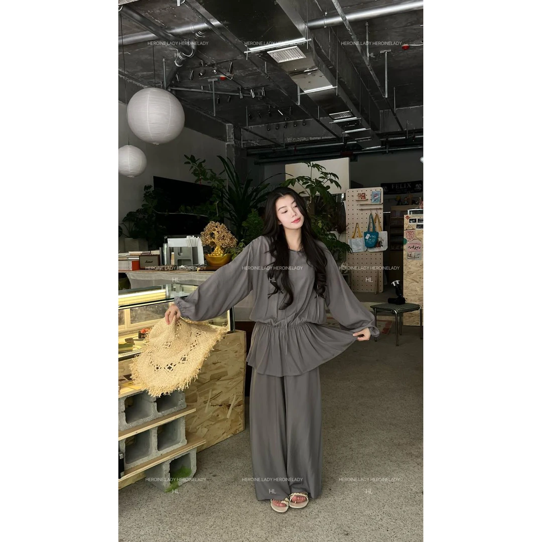 【懒人连帽套装】HL棉绸夏季新款通勤纯色高级休闲宽松长袖连帽套装