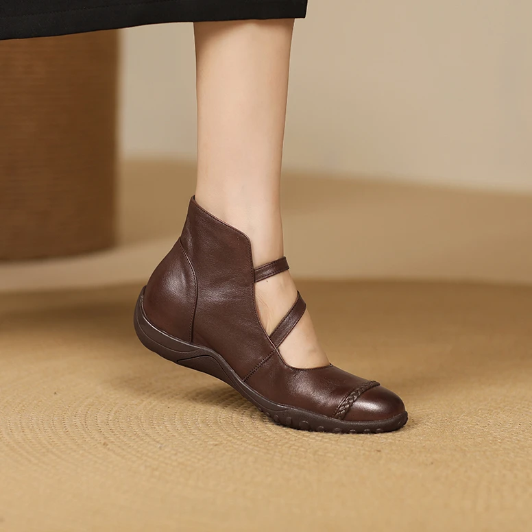 复古真皮玛丽珍女鞋舒适圆头软底浅口单鞋百搭不累脚平底妈妈鞋