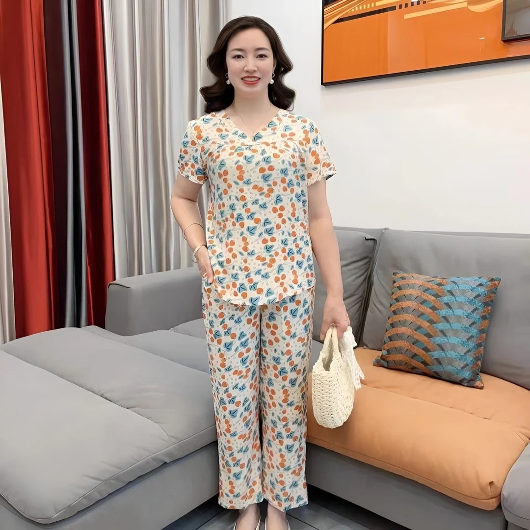 新款中老年奢华棉绸领短袖长裤妈妈套装夏季吸湿排汗长裤家居服