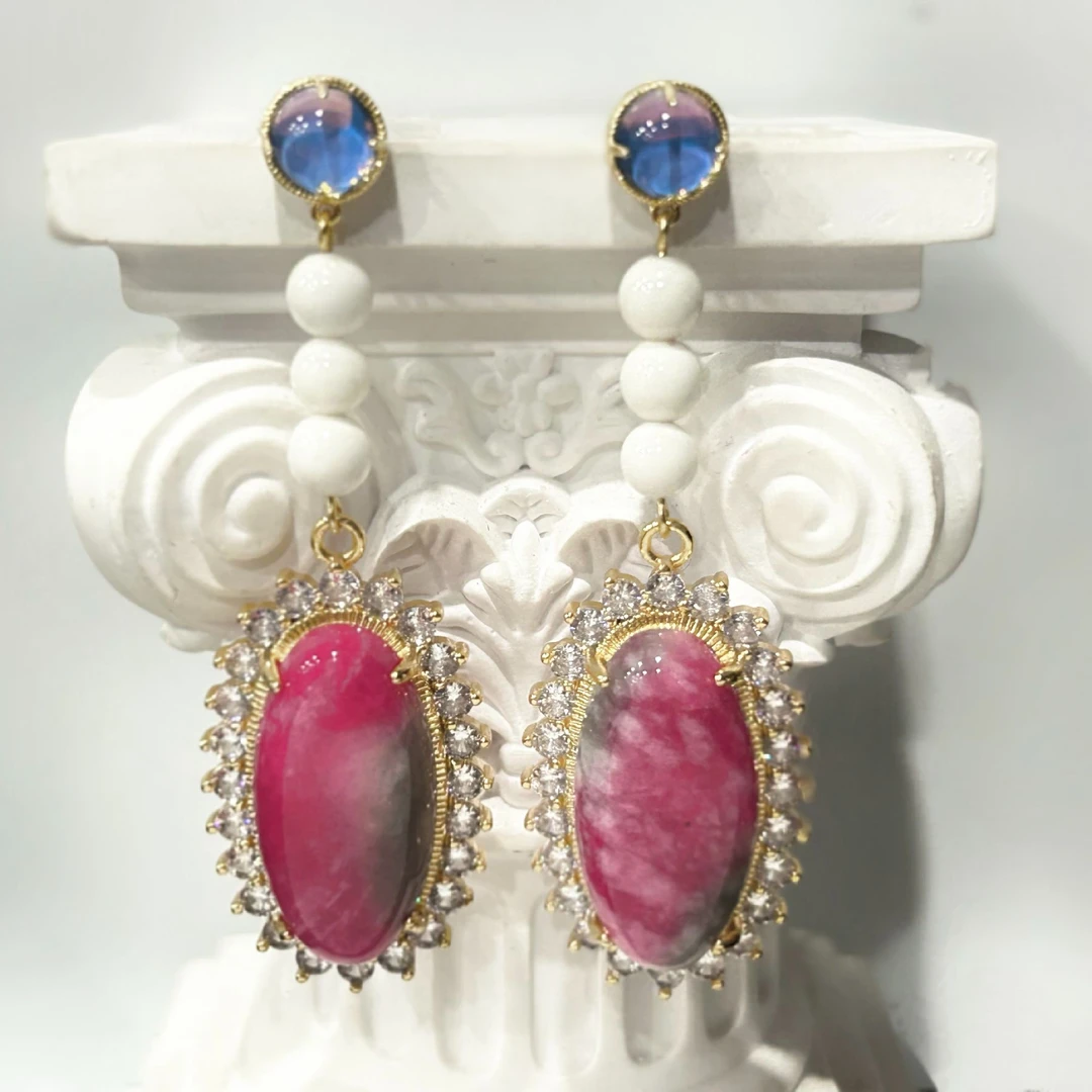 铜合金耳饰 4331西洋中古风 vintage复古宫廷粉色吊坠耳环