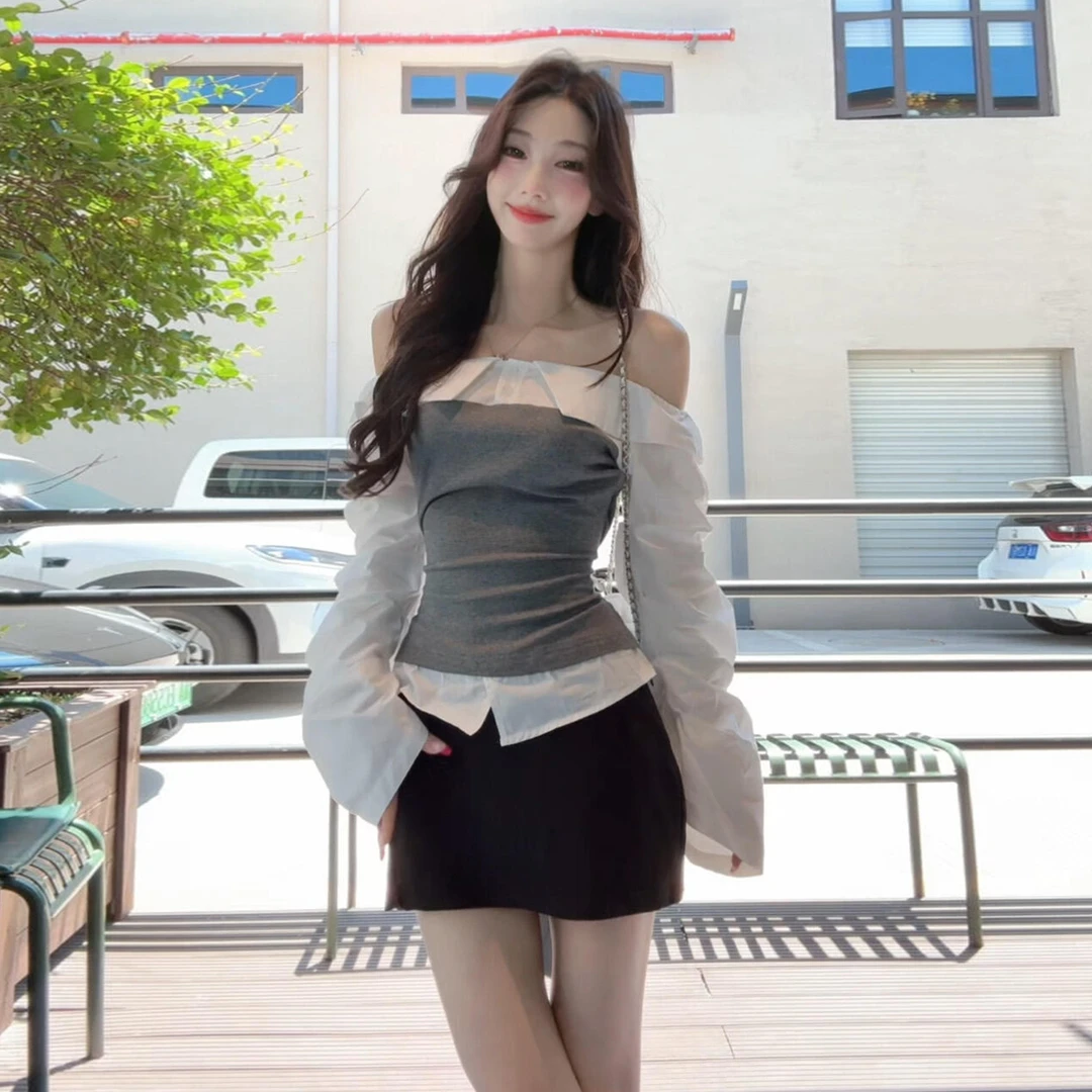 韩系拼接假两件长袖衬衫女款2025早秋季新款设计感宽松新中式衬衫