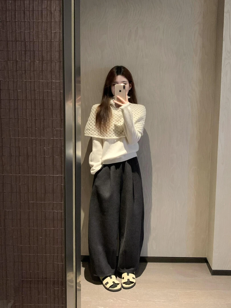 温柔风套装镂空披肩毛衣针织衫上衣两件套女装秋季复古阔腿休闲裤