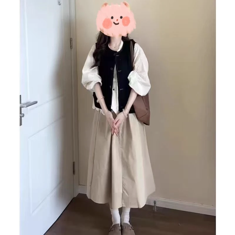 大码初春复古风温柔气质马甲叠穿半身裙三件套装5752#