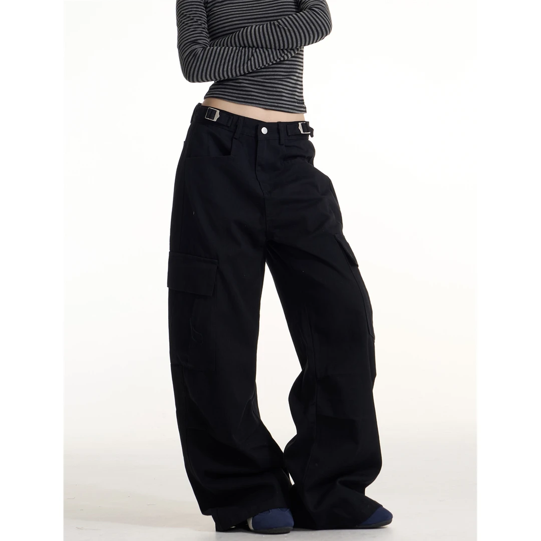 设计感多口袋黑色工装裤女秋季美式复古宽松显瘦直筒阔腿休闲长裤