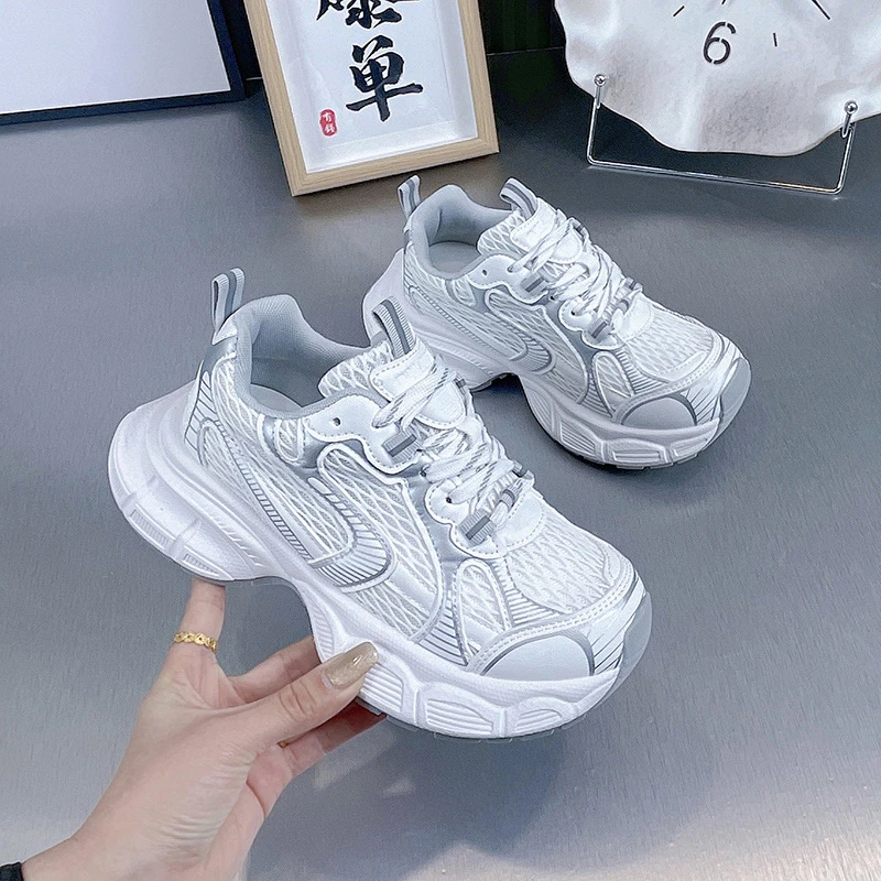 欧洲站老爹鞋女2025春季新款真皮厚底时尚透气网面百搭运动休闲鞋