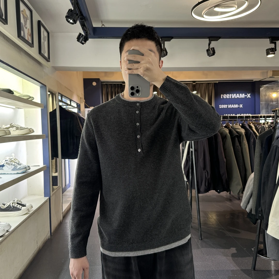 KP-X老钱松弛亨利领撞色拼接假两件毛衣秋冬保暖高级感男士针织衫