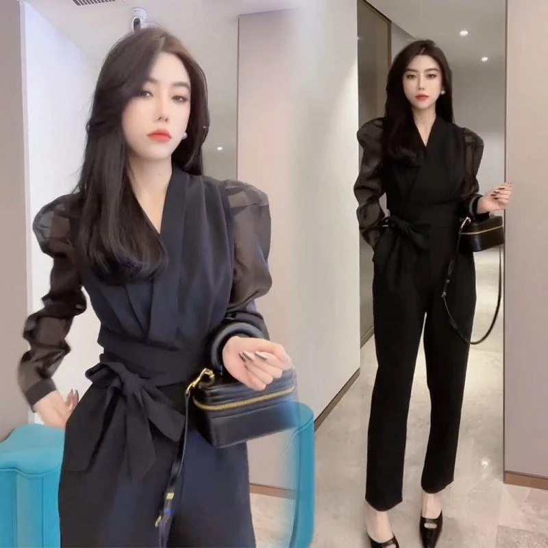 2025春季新款高端洋气时尚设计感气质百搭V领收腰长袖连体裤ins潮