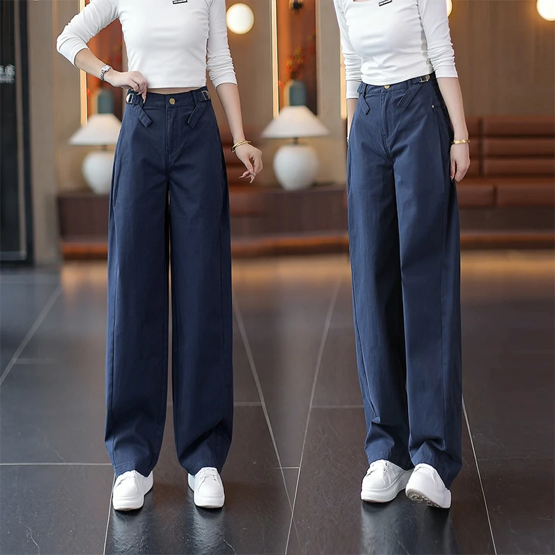 100%棉阔腿工装裤女2025早秋新款高腰显瘦宽松爆款弯刀裤软牛仔裤