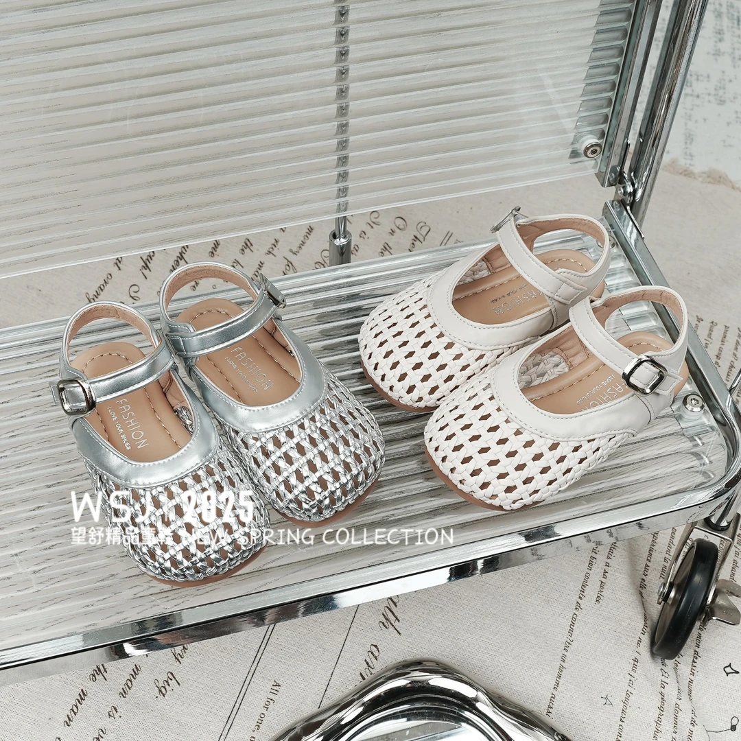 望舒家2025韩版女童编织风公主鞋夏季小女孩包头镂空凉鞋沙滩鞋25