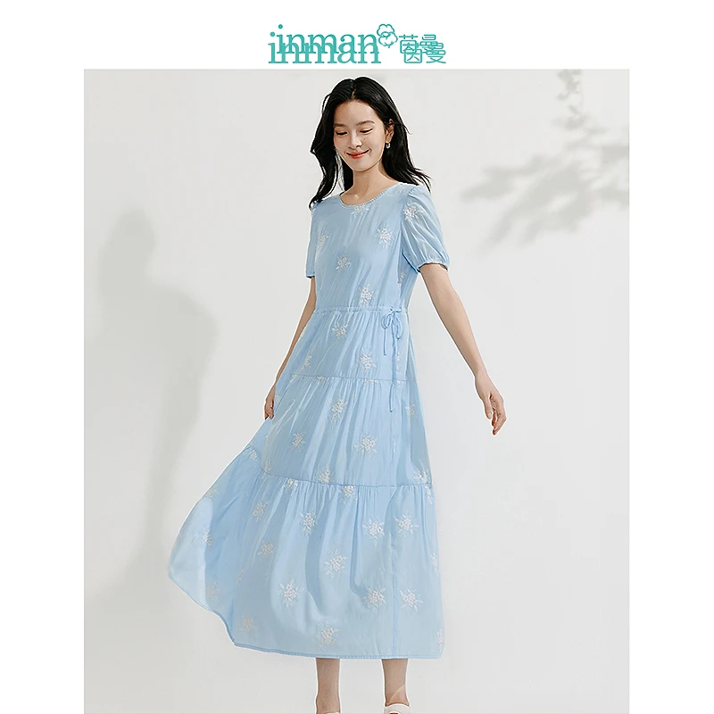 【商场同款新品】茵曼夏季法式刺绣连衣裙女新款泡泡袖裙子