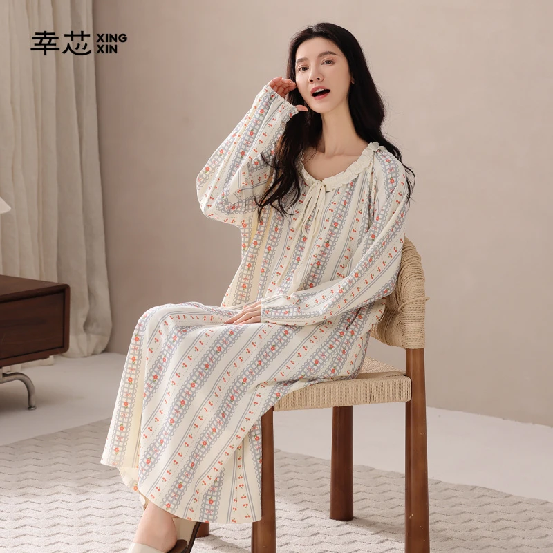 幸芯纯棉女睡裙2025年新款全棉春秋季中长款休闲连衣裙家居服套装