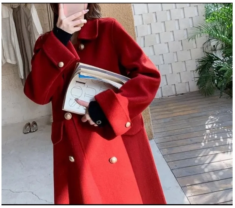 韩版冬季赫本百搭长款时尚洋气宽松双排扣大衣外套