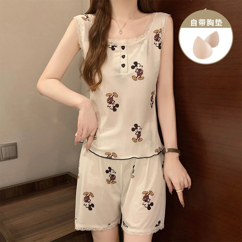 夏季爆款带胸垫冰丝螺纹背心睡衣女款韩版卡通吊带短裤家居服套装