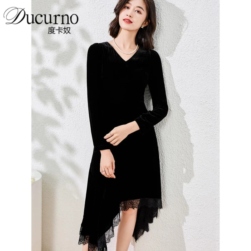 不规则显瘦修身长裙2025年秋季新款时尚小黑裙法式优雅丝绒长裙