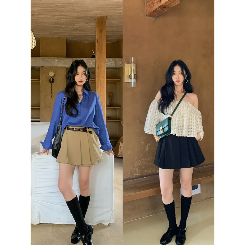 任小艺设计感小众高腰a字百褶裙裤女2024夏季休闲短款西装阔腿裤