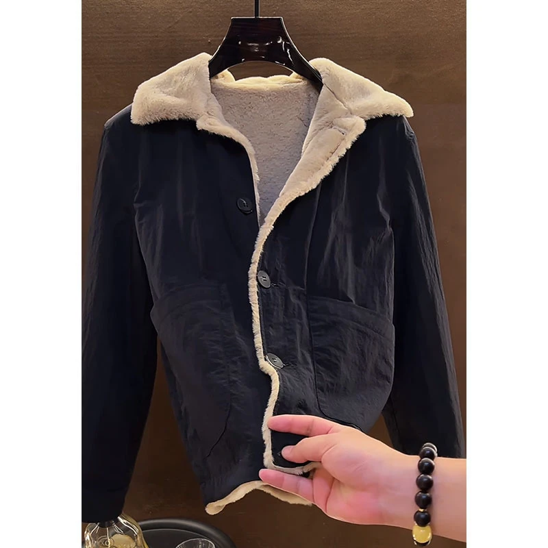 欧货轻奢高定大牌男装外套2025冬季新款羊羔毛翻领宽松黑色夹克潮
