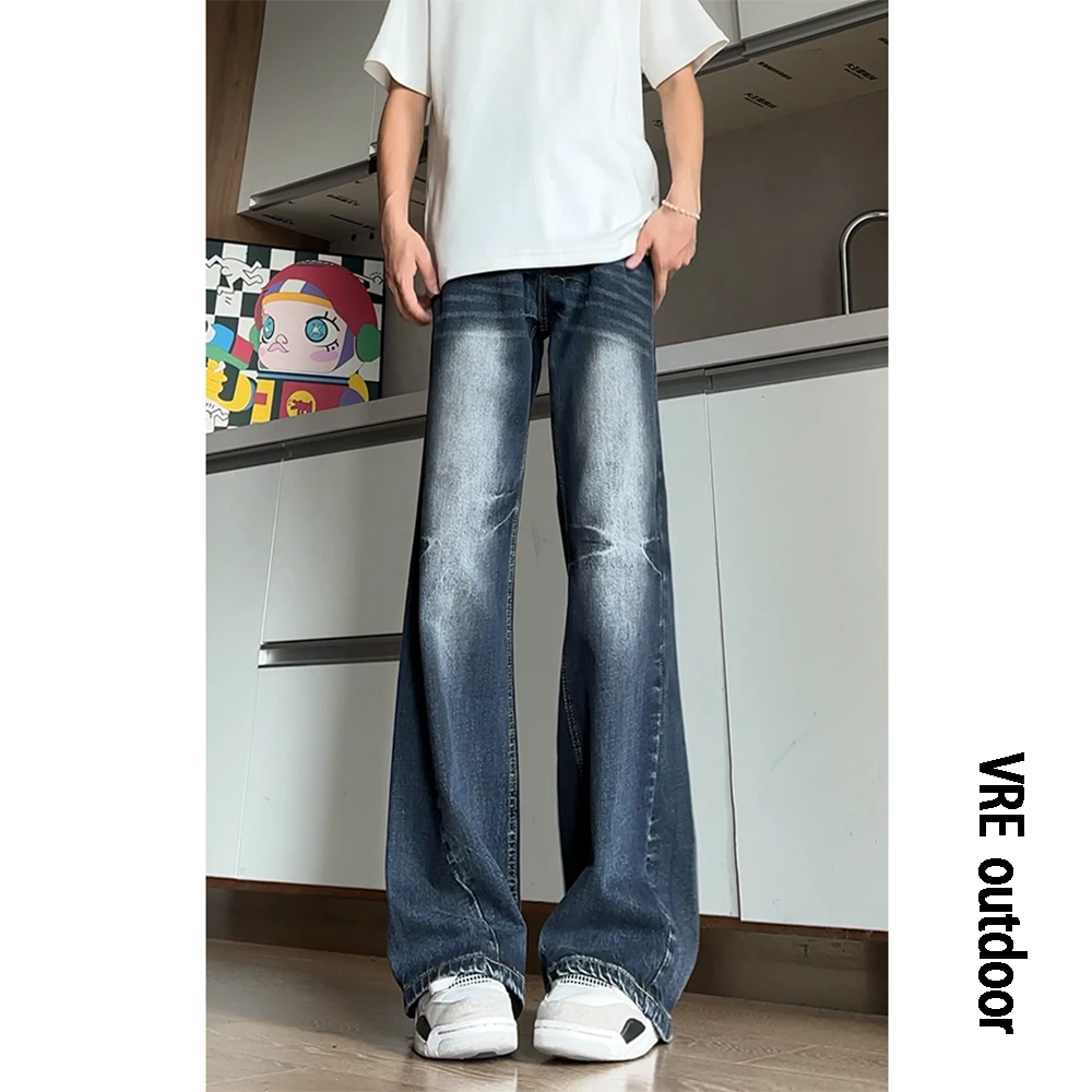 美式复古弯刀牛仔裤男秋季休闲显瘦微喇裤高街cleanfit中腰直筒裤