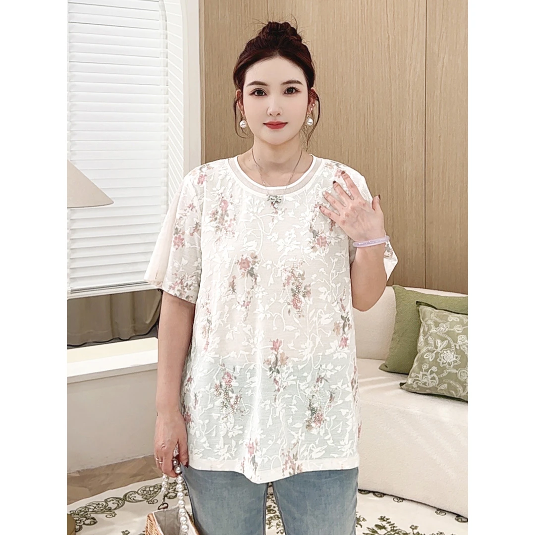 【烫钻提花小衫】MsShe大码女装2025新夏温柔风印花短袖S~E2504027