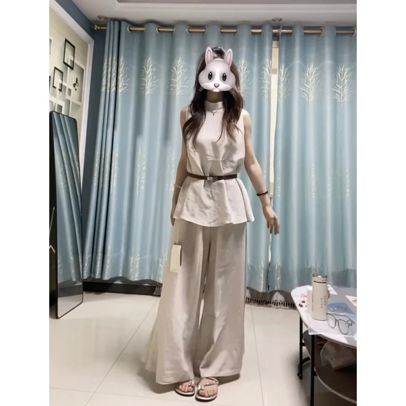 2025夏季新款女法式高级感收腰圆领无袖上衣气质高腰宽松阔腿长裤