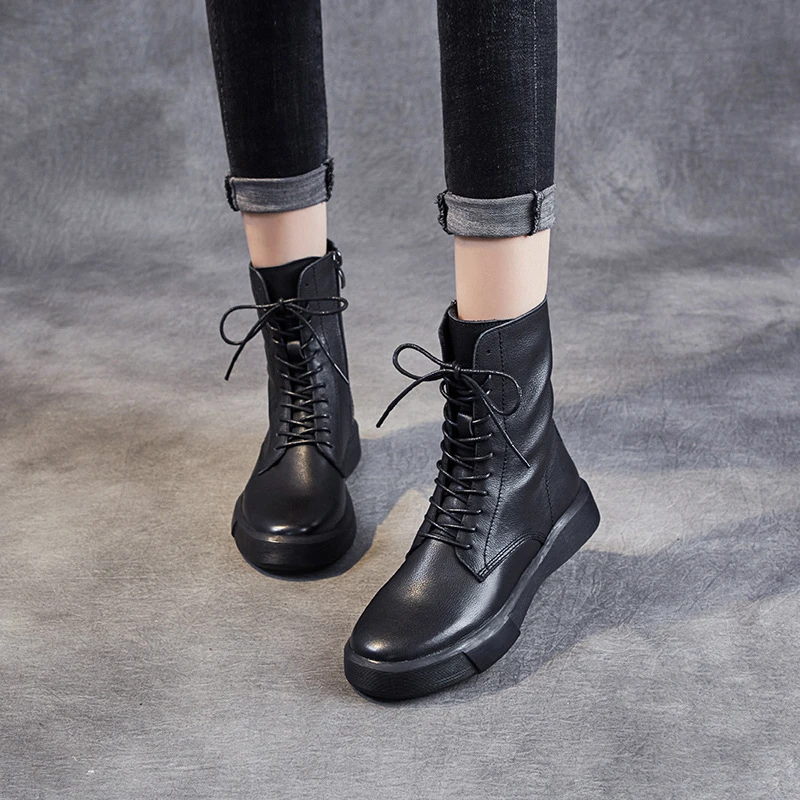 女真皮马丁中筒靴爆款增高小黄鞋新款小个子皮鞋百搭长筒白色软底