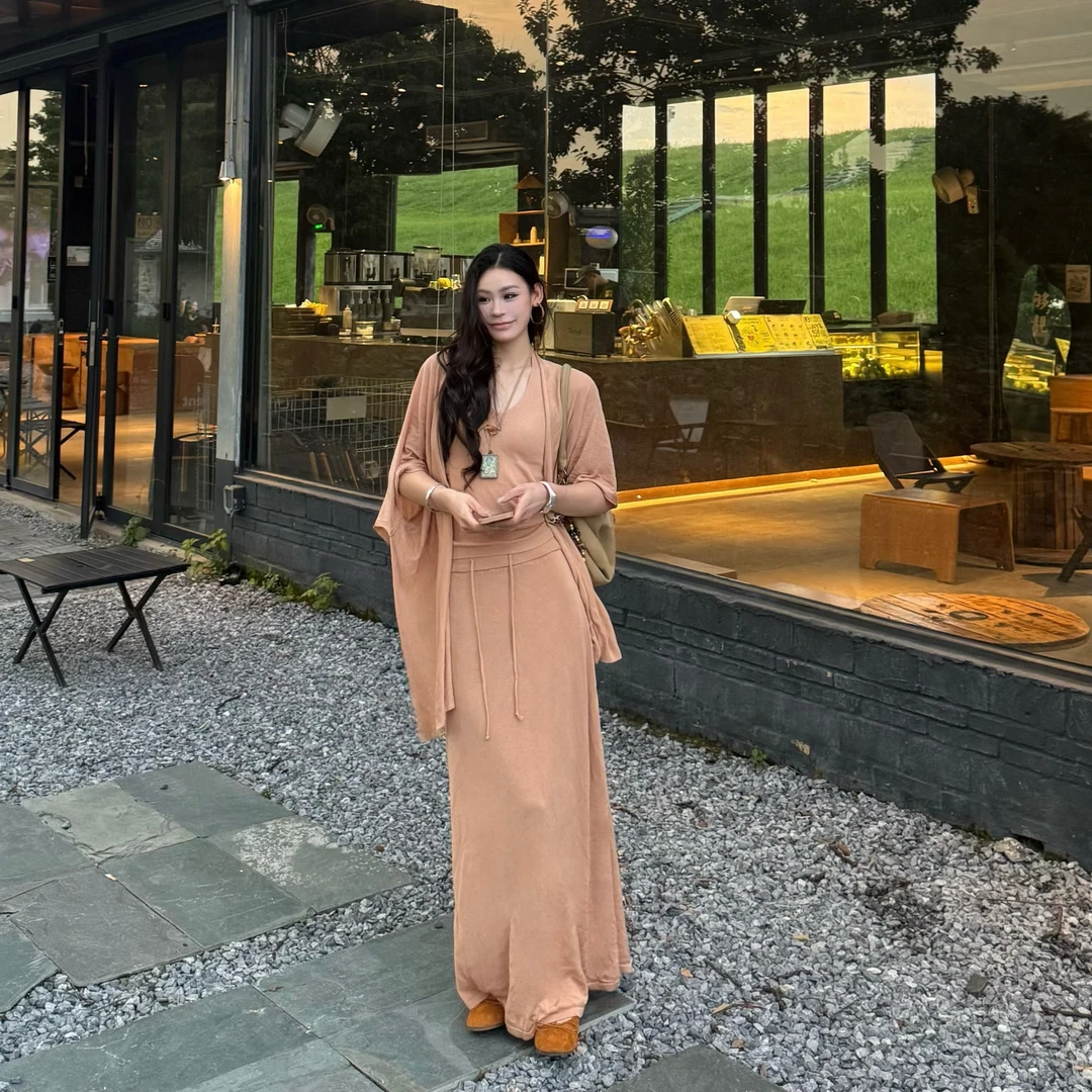 KUKUDEMI「粉桃微醺」莱赛尔亚麻三件套开衫吊带+半身裙套装裙子