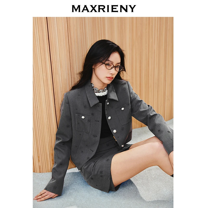 【商场同款新品】MAXRIENY欧若智性风感绣花翻领短西装外套25春季新